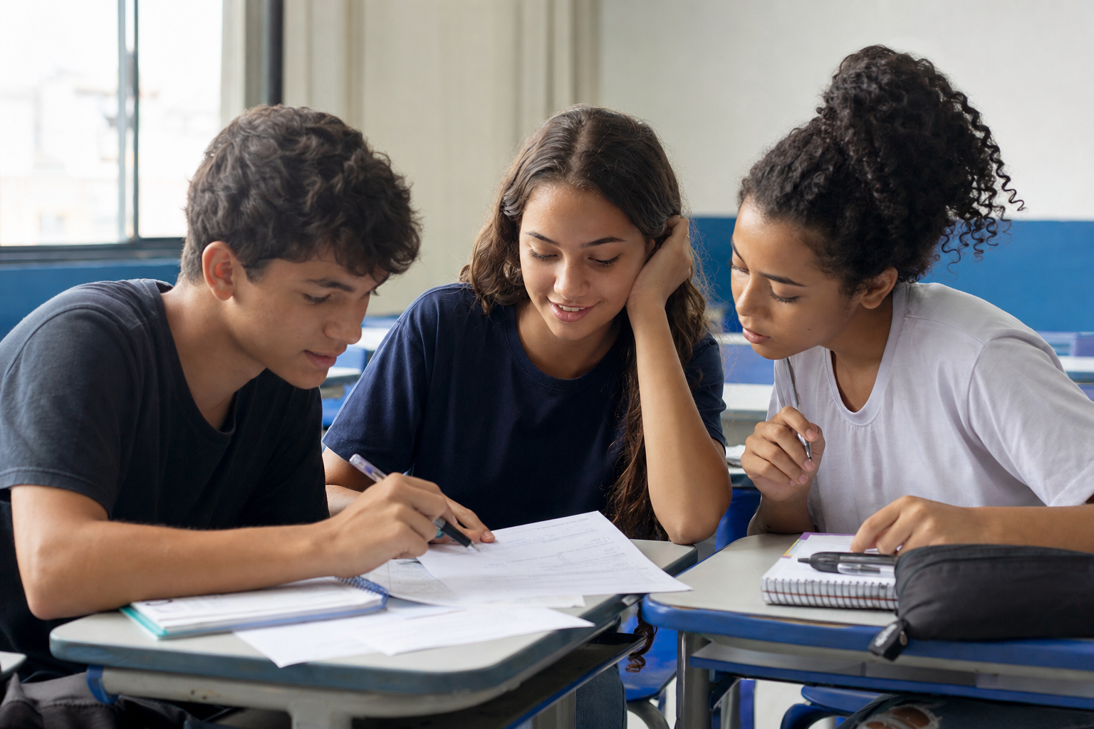 Estudantes praticando questões no padrão ENEM